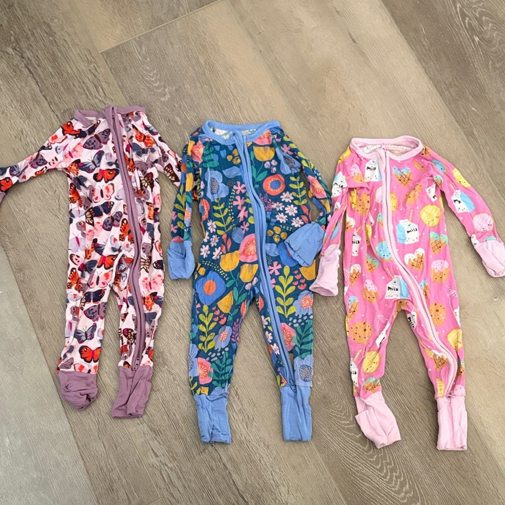 Little sleepies zippy bundle 0-3 butterfly, folk floral, cookies